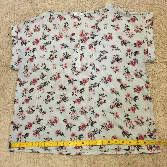 Grey Ditzy Floral Boxy Rolled Cuff Zipper Collar Crepey Top - Picture 14 of 15